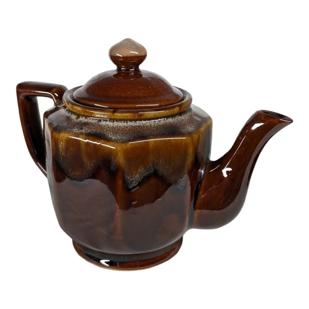 Vintage Retro  Octagonal Teapot 4 Cups 3-Tone Brown Drip Glaze - Picture 2 of 10